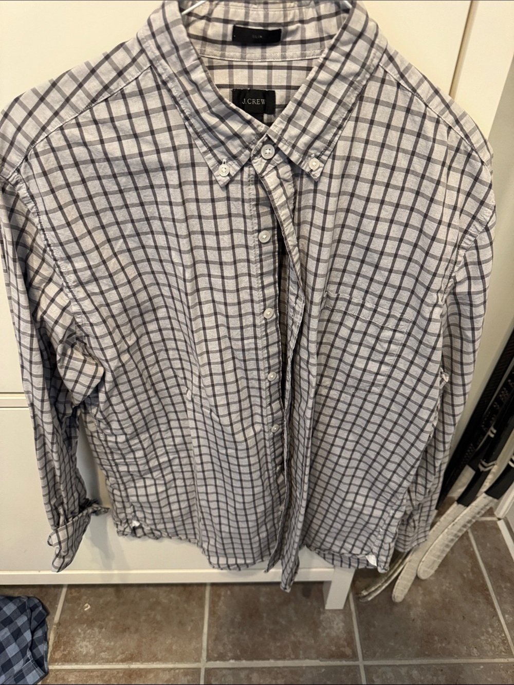 J. Crew Men's Gray and White Plaid Button-Down Shirt